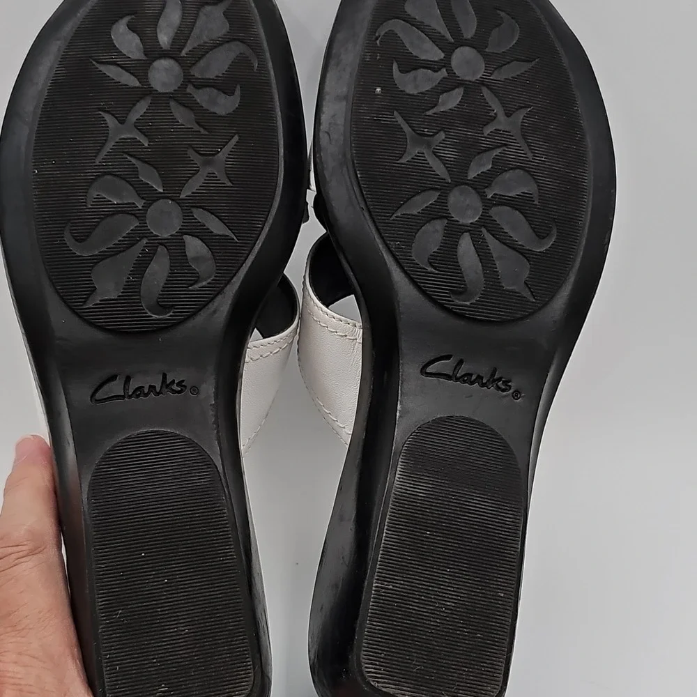 Clarks Black & White Leather Slide Wedge Sandals Size 7.5M